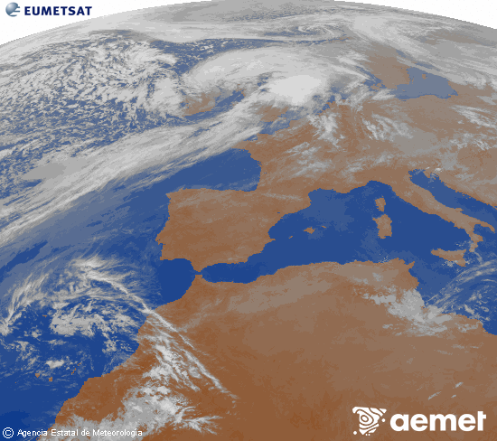 Imagen de la zona de Europa y Norte de �frica del canal infrarrojo del sat�lite Meteosat operacional en 0�N 0�W, procesada para darle color.&nbsp;dissabte, 4 d?abril  2026 22:00