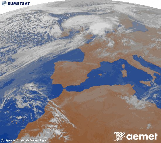 Imagen de la zona de Europa y Norte de �frica del canal infrarrojo del sat�lite Meteosat operacional en 0�N 0�W, procesada para darle color.&nbsp;dissabte, 4 d?abril  2026 23:00