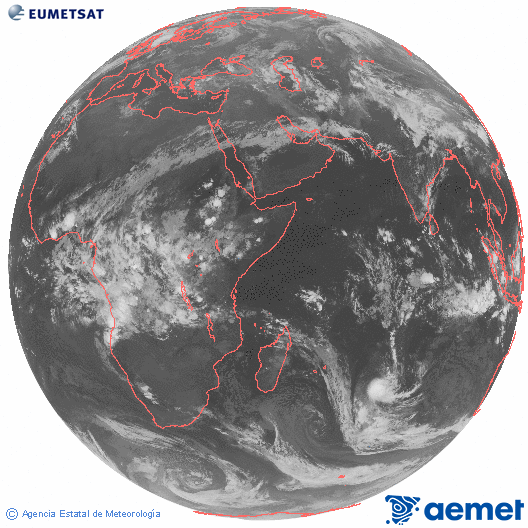 Oc�ano �ndico. Imagen global del canal infrarrojo (10.8&mu;m) de Meteosat, perteneciente a la serie MSG (Meteosat Segunda Generaci�n) y situado en 41.5° E.&nbsp;dissabte, 4 d?abril  2026 23:00