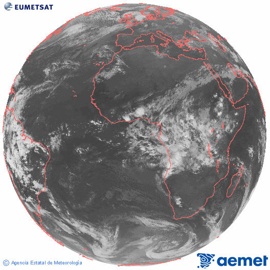 Imagen global del canal infrarrojo (10.8 &mu;m) del sat�lite Meteosat, perteneciente a la serie MSG (Meteosat Segunda Generaci�n) y situado en 0�N 0�E.&nbsp;dissabte, 4 d?abril  2026 23:00