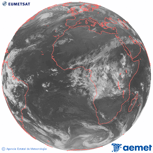 Imagen global del canal infrarrojo (10.8 &mu;m) del sat�lite Meteosat, perteneciente a la serie MSG (Meteosat Segunda Generaci�n) y situado en 0�N 0�E.&nbsp;diumenge, 5 d?abril  2026 02:00