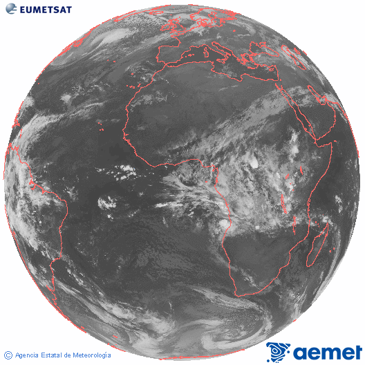 Imagen global del canal infrarrojo (10.8 &mu;m) del sat�lite Meteosat, perteneciente a la serie MSG (Meteosat Segunda Generaci�n) y situado en 0�N 0�E.&nbsp;diumenge, 5 d?abril  2026 05:00
