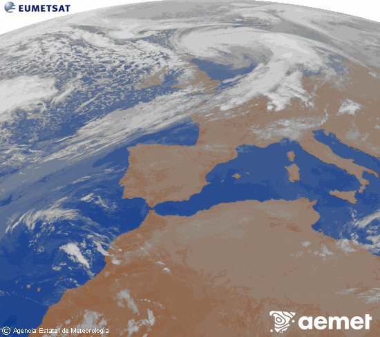 Imagen de la zona de Europa y Norte de �frica del canal infrarrojo del sat�lite Meteosat operacional en 0�N 0�W, procesada para darle color.&nbsp;diumenge, 5 d?abril  2026 07:00