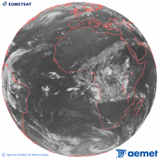 Imagen global del canal infrarrojo (10.8 &mu;m) del sat�lite Meteosat, perteneciente a la serie MSG (Meteosat Segunda Generaci�n) y situado en 0�N 0�E.&nbsp;diumenge, 5 d?abril  2026 08:00
