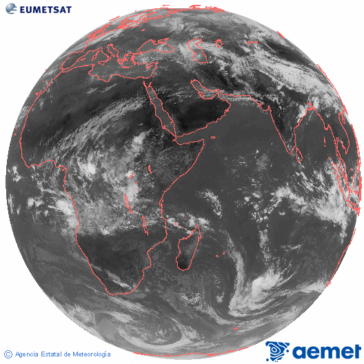 Oc�ano �ndico. Imagen global del canal infrarrojo (10.8&mu;m) de Meteosat, perteneciente a la serie MSG (Meteosat Segunda Generaci�n) y situado en 41.5° E.&nbsp;diumenge, 5 d?abril  2026 11:00