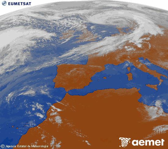 Imagen de la zona de Europa y Norte de �frica del canal infrarrojo del sat�lite Meteosat operacional en 0�N 0�W, procesada para darle color.&nbsp;igandea, 2026ko apirilak 05, ordua: 13:00