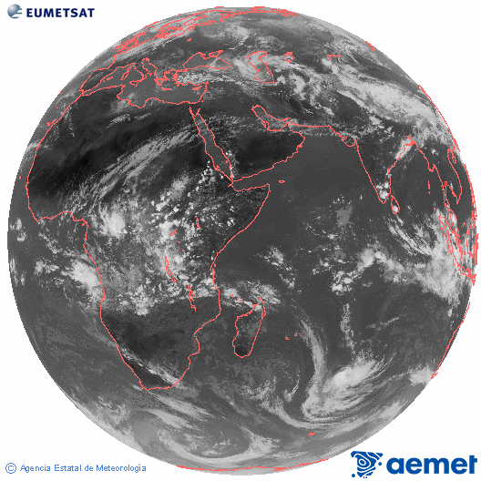 Oc�ano �ndico. Imagen global del canal infrarrojo (10.8&mu;m) de Meteosat, perteneciente a la serie MSG (Meteosat Segunda Generaci�n) y situado en 41.5° E.&nbsp;domingo, 05 abril 2026 a las 14:00