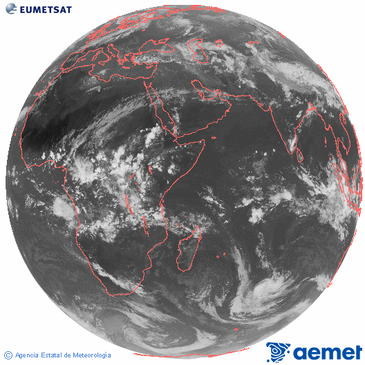 Oc�ano �ndico. Imagen global del canal infrarrojo (10.8&mu;m) de Meteosat, perteneciente a la serie MSG (Meteosat Segunda Generaci�n) y situado en 41.5° E.&nbsp;domingo, 05 abril 2026 a las 17:00