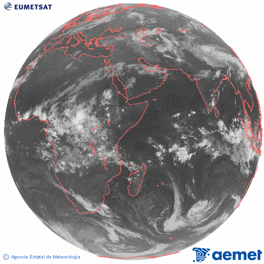 Oc�ano �ndico. Imagen global del canal infrarrojo (10.8&mu;m) de Meteosat, perteneciente a la serie MSG (Meteosat Segunda Generaci�n) y situado en 41.5° E.&nbsp;domingo, 05 abril 2026 a las 23:00