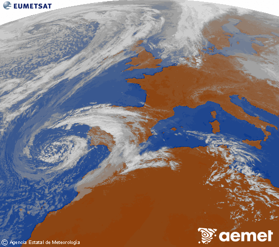 Imaxe da zona de Europa e Norte de �frica da canle infravermella do sat�lite Meteosat operacional en 0�N 0�W, procesada para darlle cor.&nbsp;m�rcores, 8 abril  2026 16:00