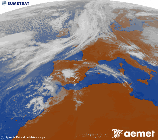 Imagen de la zona de Europa y Norte de �frica del canal infrarrojo del sat�lite Meteosat operacional en 0�N 0�W, procesada para darle color.&nbsp;jueves, 09 abril 2026 a las 15:00