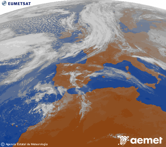 Imagen de la zona de Europa y Norte de �frica del canal infrarrojo del sat�lite Meteosat operacional en 0�N 0�W, procesada para darle color.&nbsp;jueves, 09 abril 2026 a las 19:00