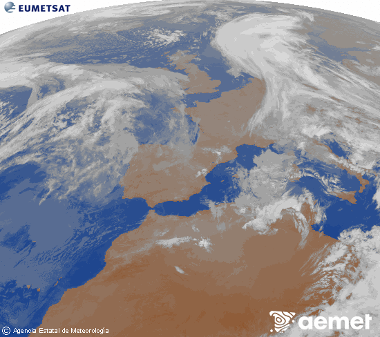 Imagen de la zona de Europa y Norte de �frica del canal infrarrojo del sat�lite Meteosat operacional en 0�N 0�W, procesada para darle color.&nbsp;Tuesday, 14 April  2026 04:00