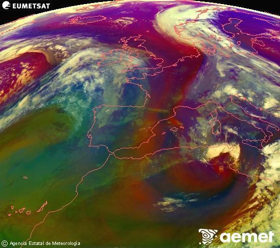 Composici�n RGB na que se mesturan varias canles do sat�lite Meteosat operacional en 0� N 0� W, que nos d� unha idea das caracter�sticas das masas de aire e da nebulosidade.&nbsp;martes, 14 abril  2026 10:00