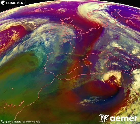 Composici�n RGB na que se mesturan varias canles do sat�lite Meteosat operacional en 0� N 0� W, que nos d� unha idea das caracter�sticas das masas de aire e da nebulosidade.&nbsp;martes, 14 abril  2026 11:00