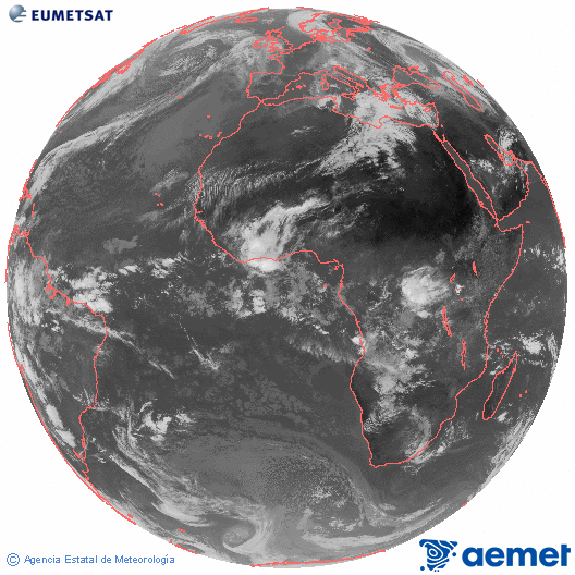 Imagen global del canal infrarrojo (10.8 &mu;m) del sat�lite Meteosat, perteneciente a la serie MSG (Meteosat Segunda Generaci�n) y situado en 0�N 0�E.&nbsp;Tuesday, 14 April  2026 11:00