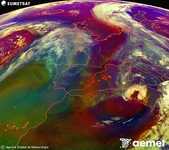 Composici�n RGB na que se mesturan varias canles do sat�lite Meteosat operacional en 0� N 0� W, que nos d� unha idea das caracter�sticas das masas de aire e da nebulosidade.&nbsp;martes, 14 abril  2026 12:00