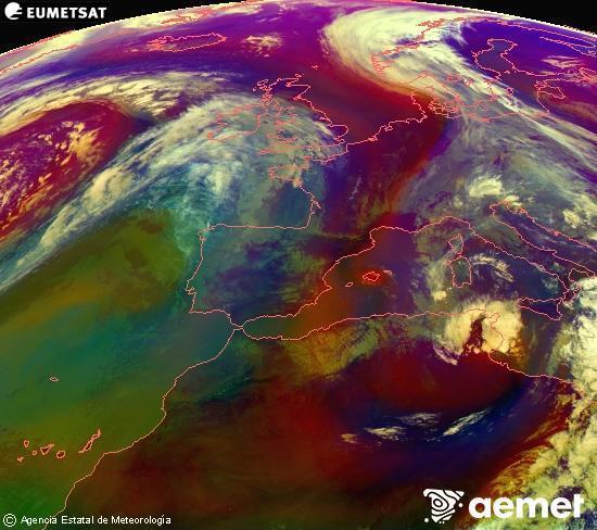 Composici�n RGB na que se mesturan varias canles do sat�lite Meteosat operacional en 0� N 0� W, que nos d� unha idea das caracter�sticas das masas de aire e da nebulosidade.&nbsp;martes, 14 abril  2026 13:00