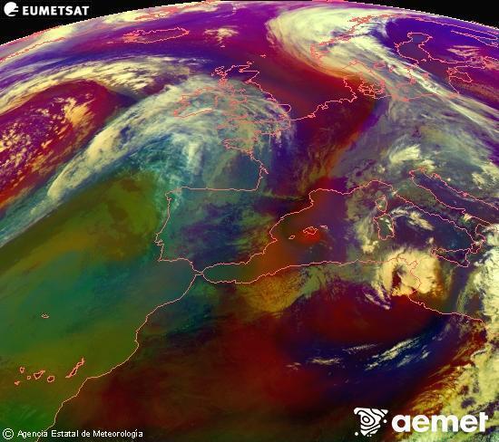 Composici�n RGB na que se mesturan varias canles do sat�lite Meteosat operacional en 0� N 0� W, que nos d� unha idea das caracter�sticas das masas de aire e da nebulosidade.&nbsp;martes, 14 abril  2026 14:00