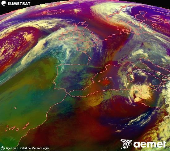 Composici�n RGB na que se mesturan varias canles do sat�lite Meteosat operacional en 0� N 0� W, que nos d� unha idea das caracter�sticas das masas de aire e da nebulosidade.&nbsp;martes, 14 abril  2026 15:00