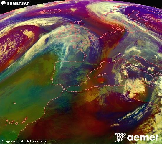 Composici�n RGB na que se mesturan varias canles do sat�lite Meteosat operacional en 0� N 0� W, que nos d� unha idea das caracter�sticas das masas de aire e da nebulosidade.&nbsp;martes, 14 abril  2026 16:00
