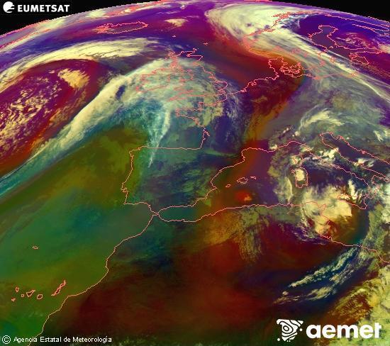 Composici�n RGB na que se mesturan varias canles do sat�lite Meteosat operacional en 0� N 0� W, que nos d� unha idea das caracter�sticas das masas de aire e da nebulosidade.&nbsp;martes, 14 abril  2026 17:00