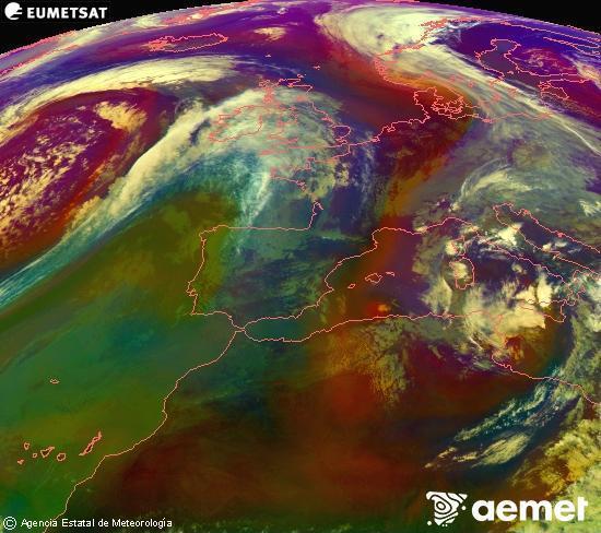 Composici�n RGB na que se mesturan varias canles do sat�lite Meteosat operacional en 0� N 0� W, que nos d� unha idea das caracter�sticas das masas de aire e da nebulosidade.&nbsp;martes, 14 abril  2026 18:00