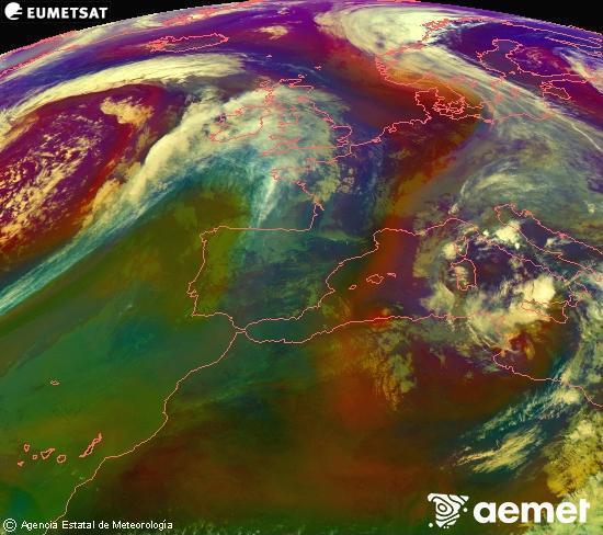 Composici�n RGB na que se mesturan varias canles do sat�lite Meteosat operacional en 0� N 0� W, que nos d� unha idea das caracter�sticas das masas de aire e da nebulosidade.&nbsp;martes, 14 abril  2026 19:00