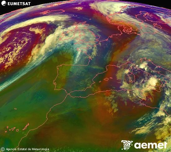 Composici�n RGB na que se mesturan varias canles do sat�lite Meteosat operacional en 0� N 0� W, que nos d� unha idea das caracter�sticas das masas de aire e da nebulosidade.&nbsp;martes, 14 abril  2026 20:00