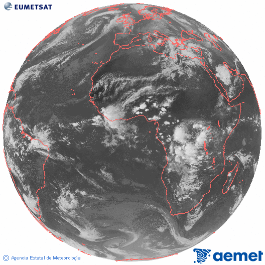 Imagen global del canal infrarrojo (10.8 &mu;m) del sat�lite Meteosat, perteneciente a la serie MSG (Meteosat Segunda Generaci�n) y situado en 0�N 0�E.&nbsp;Tuesday, 14 April  2026 20:00