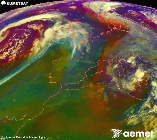 Composici�n RGB na que se mesturan varias canles do sat�lite Meteosat operacional en 0� N 0� W, que nos d� unha idea das caracter�sticas das masas de aire e da nebulosidade.&nbsp;martes, 14 abril  2026 21:00