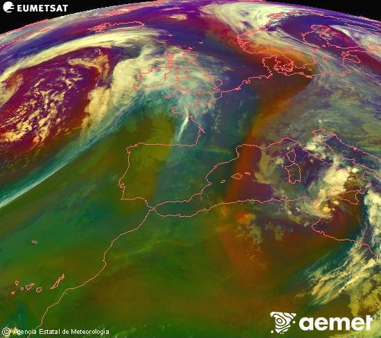 Composici�n RGB na que se mesturan varias canles do sat�lite Meteosat operacional en 0� N 0� W, que nos d� unha idea das caracter�sticas das masas de aire e da nebulosidade.&nbsp;martes, 14 abril  2026 22:00