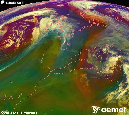 Composici�n RGB na que se mesturan varias canles do sat�lite Meteosat operacional en 0� N 0� W, que nos d� unha idea das caracter�sticas das masas de aire e da nebulosidade.&nbsp;martes, 14 abril  2026 23:00