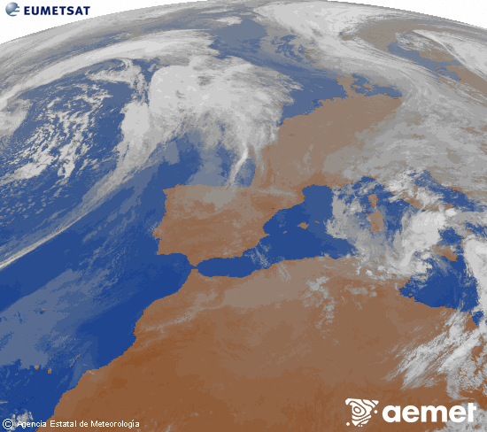 Imagen de la zona de Europa y Norte de �frica del canal infrarrojo del sat�lite Meteosat operacional en 0�N 0�W, procesada para darle color.&nbsp;martes, 14 abril 2026 a las 23:00
