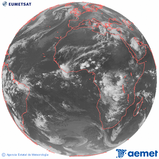 Imagen global del canal infrarrojo (10.8 &mu;m) del sat�lite Meteosat, perteneciente a la serie MSG (Meteosat Segunda Generaci�n) y situado en 0�N 0�E.&nbsp;Tuesday, 14 April  2026 23:00