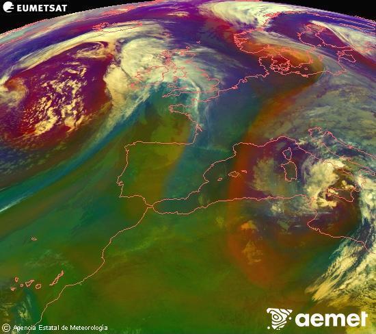 Composici�n RGB na que se mesturan varias canles do sat�lite Meteosat operacional en 0� N 0� W, que nos d� unha idea das caracter�sticas das masas de aire e da nebulosidade.&nbsp;m�rcores, 15 abril  2026 01:00