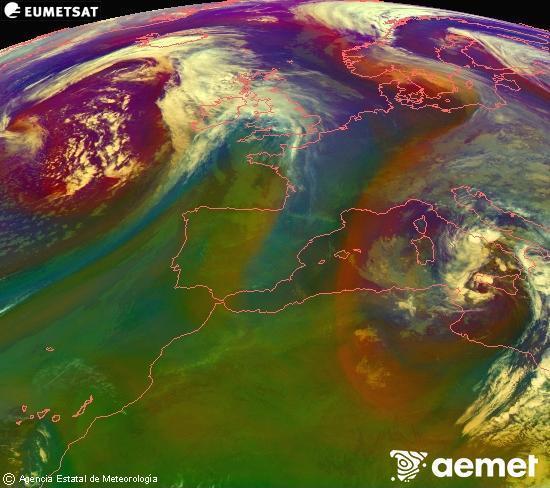 Composici�n RGB na que se mesturan varias canles do sat�lite Meteosat operacional en 0� N 0� W, que nos d� unha idea das caracter�sticas das masas de aire e da nebulosidade.&nbsp;m�rcores, 15 abril  2026 02:00