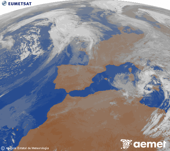 Imagen de la zona de Europa y Norte de �frica del canal infrarrojo del sat�lite Meteosat operacional en 0�N 0�W, procesada para darle color.&nbsp;mi�rcoles, 15 abril 2026 a las 02:00