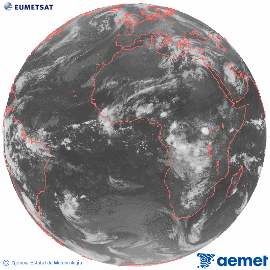 Imagen global del canal infrarrojo (10.8 &mu;m) del sat�lite Meteosat, perteneciente a la serie MSG (Meteosat Segunda Generaci�n) y situado en 0�N 0�E.&nbsp;Wednesday, 15 April  2026 02:00