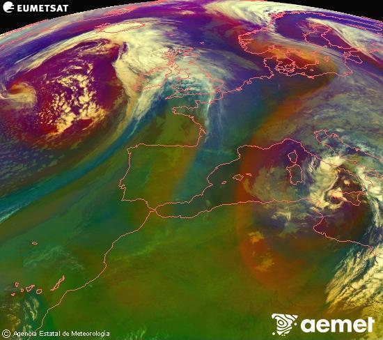 Composici�n RGB na que se mesturan varias canles do sat�lite Meteosat operacional en 0� N 0� W, que nos d� unha idea das caracter�sticas das masas de aire e da nebulosidade.&nbsp;m�rcores, 15 abril  2026 03:00