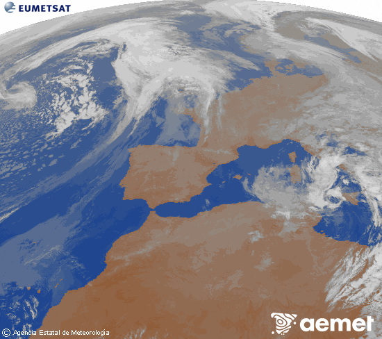 Imagen de la zona de Europa y Norte de �frica del canal infrarrojo del sat�lite Meteosat operacional en 0�N 0�W, procesada para darle color.&nbsp;mi�rcoles, 15 abril 2026 a las 03:00