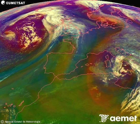 Composici�n RGB na que se mesturan varias canles do sat�lite Meteosat operacional en 0� N 0� W, que nos d� unha idea das caracter�sticas das masas de aire e da nebulosidade.&nbsp;m�rcores, 15 abril  2026 04:00