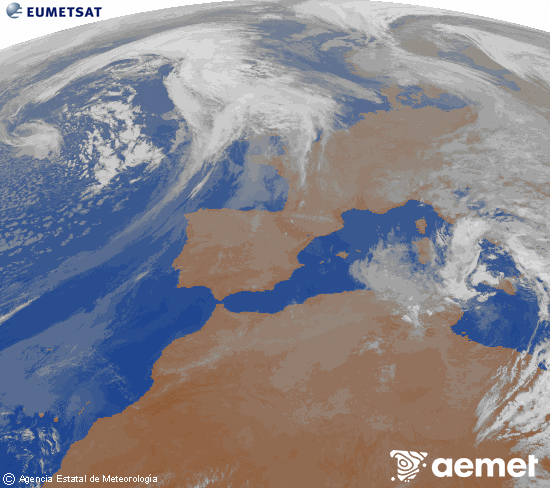 Imatge de la zona d'Europa i Nord d'�frica del canal infraroig del sat�l�lit Meteosat operacional en 0�N 0�W, processada per a donar-li color.&nbsp;dimecres, 15 d?abril  2026 04:00