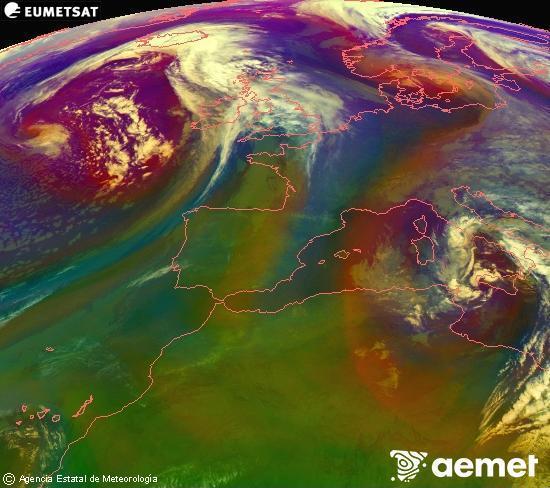 Composici�n RGB na que se mesturan varias canles do sat�lite Meteosat operacional en 0� N 0� W, que nos d� unha idea das caracter�sticas das masas de aire e da nebulosidade.&nbsp;m�rcores, 15 abril  2026 05:00