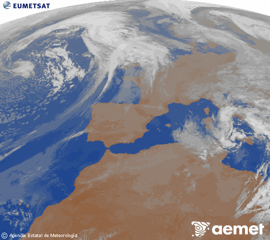Imatge de la zona d'Europa i Nord d'�frica del canal infraroig del sat�l�lit Meteosat operacional en 0�N 0�W, processada per a donar-li color.&nbsp;dimecres, 15 d?abril  2026 05:00