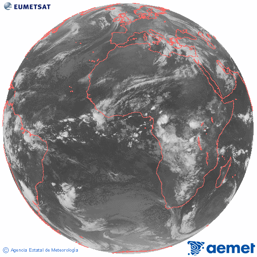 Imagen global del canal infrarrojo (10.8 &mu;m) del sat�lite Meteosat, perteneciente a la serie MSG (Meteosat Segunda Generaci�n) y situado en 0�N 0�E.&nbsp;Wednesday, 15 April  2026 05:00