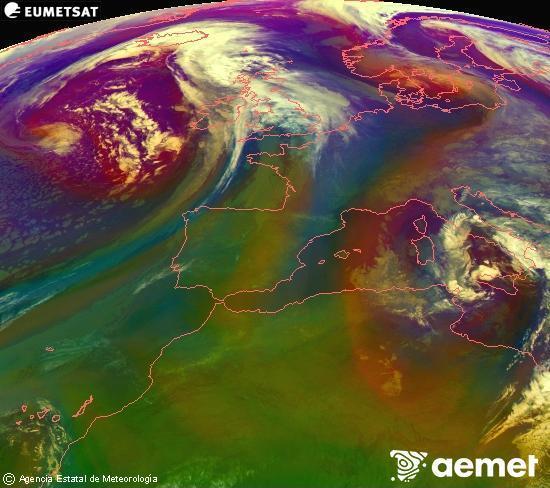 Composici�n RGB na que se mesturan varias canles do sat�lite Meteosat operacional en 0� N 0� W, que nos d� unha idea das caracter�sticas das masas de aire e da nebulosidade.&nbsp;m�rcores, 15 abril  2026 06:00