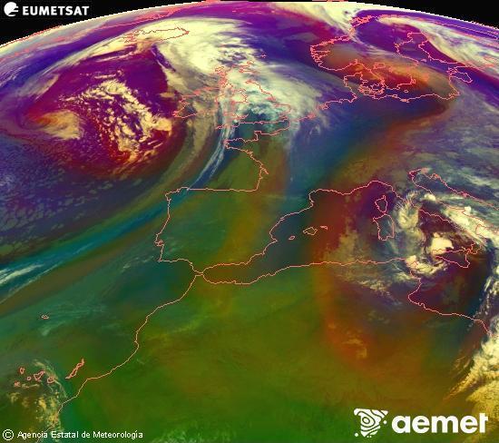 Composici�n RGB na que se mesturan varias canles do sat�lite Meteosat operacional en 0� N 0� W, que nos d� unha idea das caracter�sticas das masas de aire e da nebulosidade.&nbsp;m�rcores, 15 abril  2026 07:00