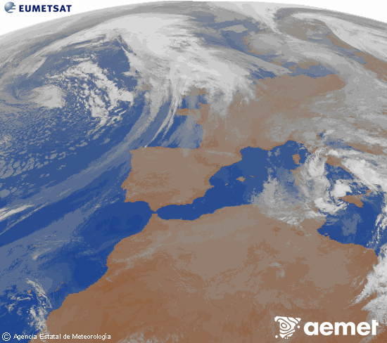 Imatge de la zona d'Europa i Nord d'�frica del canal infraroig del sat�l�lit Meteosat operacional en 0�N 0�W, processada per a donar-li color.&nbsp;dimecres, 15 d?abril  2026 07:00