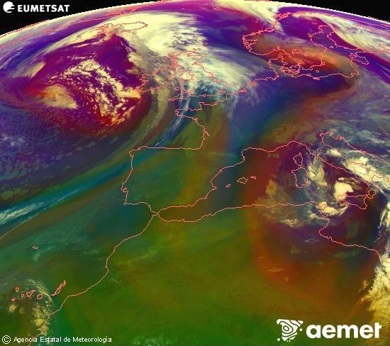 Composici�n RGB na que se mesturan varias canles do sat�lite Meteosat operacional en 0� N 0� W, que nos d� unha idea das caracter�sticas das masas de aire e da nebulosidade.&nbsp;m�rcores, 15 abril  2026 08:00